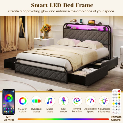 Cadre de lit simple/double/grand lit avec éclairage LED et tête de lit avec rangement pour station de recharge noire de Costway