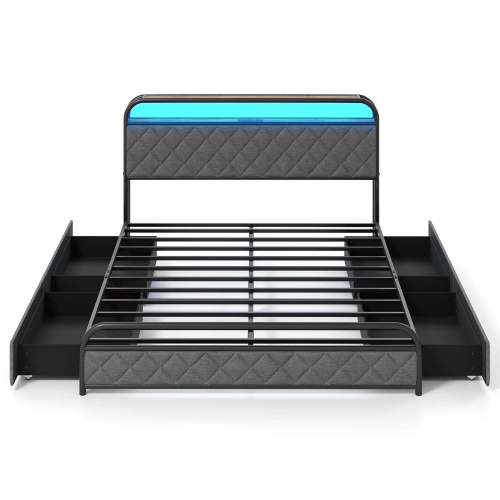 Cadre de lit simple/double/grand lit avec éclairage LED et tête de lit avec rangement pour station de recharge noire de Costway