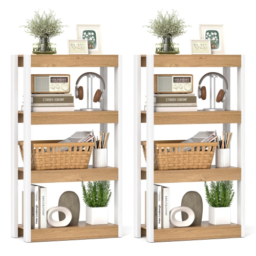 Costway 2 PCS 4 Tier Bookshelf Wooden Bookcase with Dual Anti-Tipping Kits Open Shelving Unit