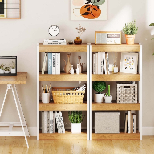 Costway 2 PCS 4 Tier Bookshelf Wooden Bookcase with Dual Anti-Tipping Kits Open Shelving Unit