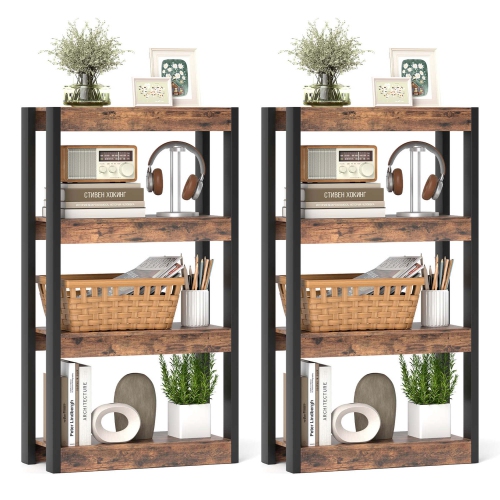 Costway 2 PCS 4 Tier Bookshelf Wooden Bookcase with Dual Anti-Tipping Kits Open Shelving Unit