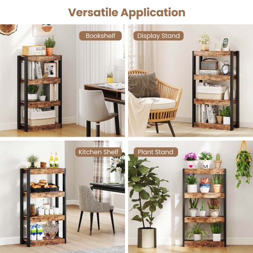Costway 2 PCS 4 Tier Bookshelf Wooden Bookcase with Dual Anti-Tipping Kits Open Shelving Unit