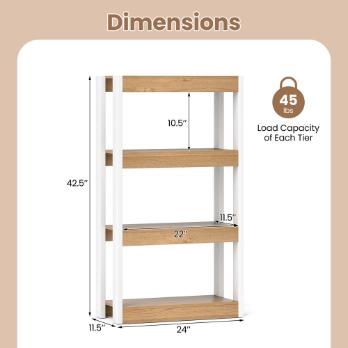 Costway 1 PCS 4 Tier Bookshelf Wooden Bookcase with Dual Anti-Tipping Kits Open Shelving Unit Natural