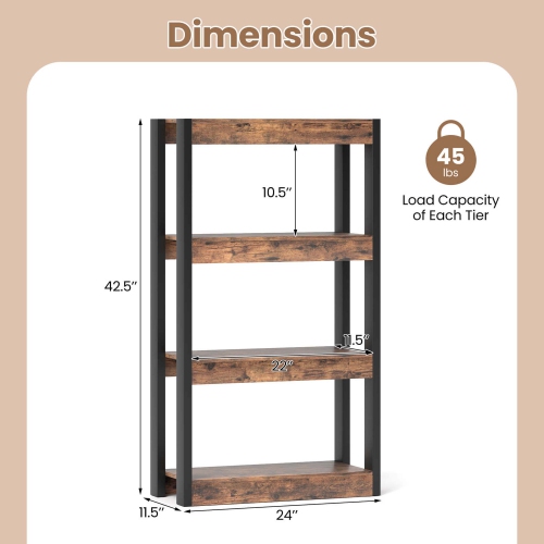 Costway 1 PCS 4 Tier Bookshelf Wooden Bookcase with Dual Anti-Tipping Kits Open Shelving Unit Brown