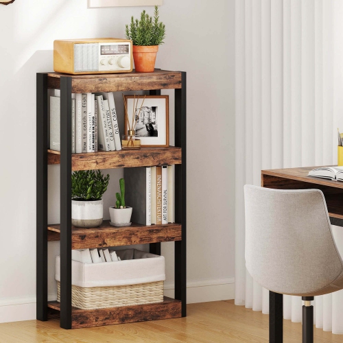 Costway 1 PCS 4 Tier Bookshelf Wooden Bookcase with Dual Anti-Tipping Kits Open Shelving Unit Brown