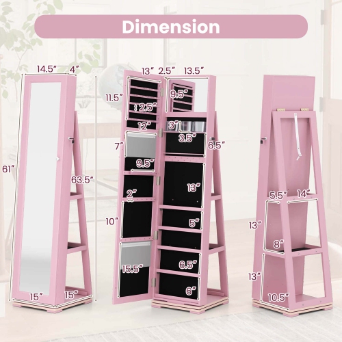 Armoire à bijoux rotative 2-en-1 avec miroir verrouillable à 360 degrés de Costway