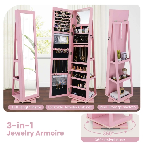 Armoire à bijoux rotative 2-en-1 avec miroir verrouillable à 360 degrés de Costway