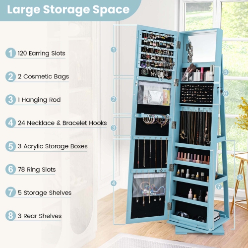Costway 360degree Rotatable Jewelry Cabinet 2-in-1 Lockable Mirrored Organizer