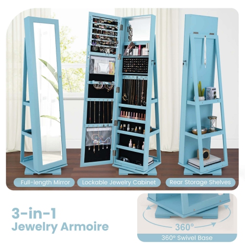 Costway 360degree Rotatable Jewelry Cabinet 2-in-1 Lockable Mirrored Organizer
