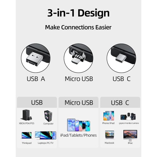 Lecteur de cartes SD/microSD, adaptateur USB Type C Micro USB OTG et lecteur de cartes mémoire portatif USB pour SDXC, SDHC, SD, MMC, RS-MMC Cartes