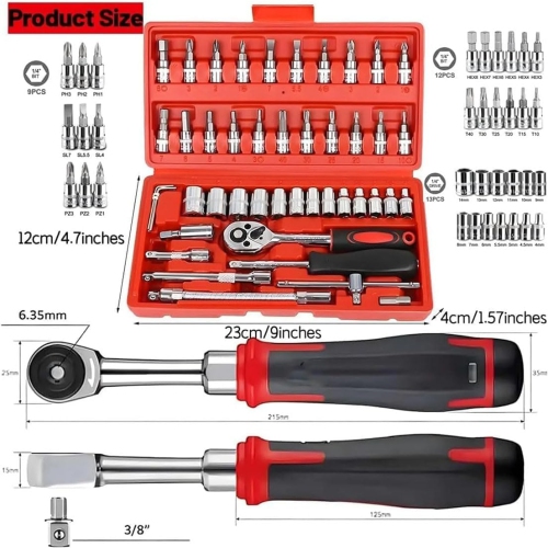 Cordless Slim Ratchet Set, Portable Manually Slim Ratchet Set, 46 in 1 Socket Ratchet Wrench Set for Repairs