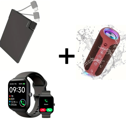 Ultra-Thin 2500mAh Power Bank, Wireless Speaker with 24W Sound & RGB Lights, and Fitness Smart Watch with 100 Sport Modes & Call Function