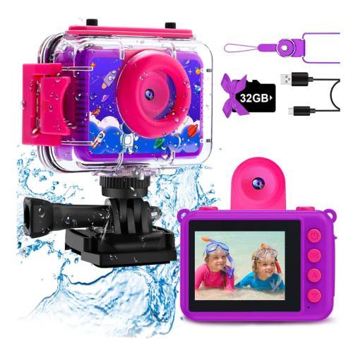 GKTZ Kids Waterproof Camera - Underwater Camera Birthday Gifts for Girls Boys Children Digital Action Camera with 32GB SD Card, Pool Toys for Kids