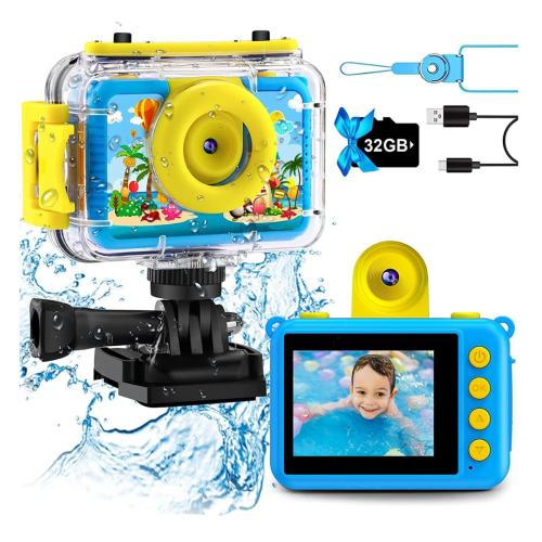GKTZ Kids Waterproof Camera - Underwater Camera Birthday Gifts for Girls Boys Children Digital Action Camera with 32GB SD Card, Pool Toys for Kids
