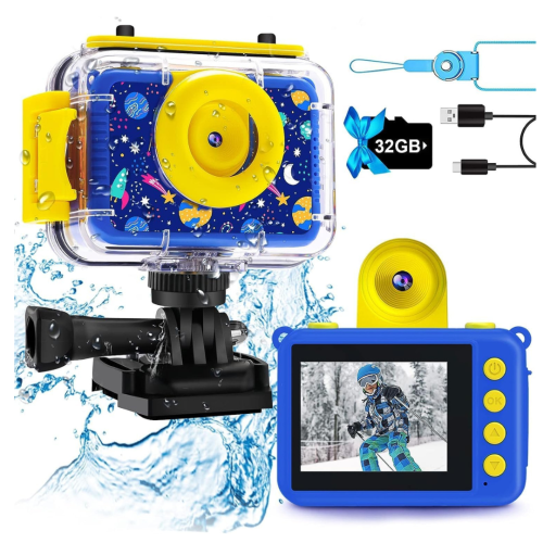 GKTZ Kids Waterproof Camera - Underwater Camera Birthday Gifts for Girls Boys Children Digital Action Camera with 32GB SD Card, Pool Toys for Kids