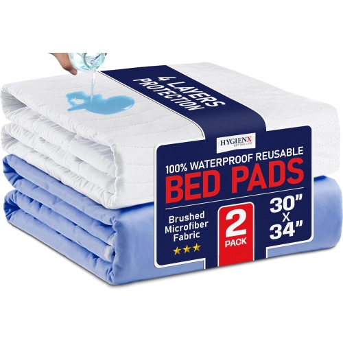 HYGIENX Reusable Bed Pads, 30"x34" 2 Pack, Waterproof Washable Underpad, Absorbent Breathable Incontinence Pad, Quick Dry Non Slip Mattress Protector