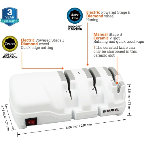 Affûteur de couteaux électrique SHARPAL 198H avec 3 fentes, roues diamant monocristallin, affûtage professionnel pour tous les couteaux