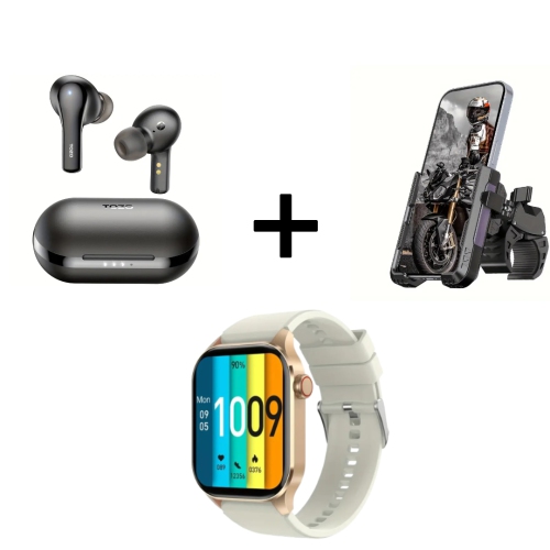 AI Mini In-Ear Earphones with Real-Time Translation, Bike Phone Holder, and Smartwatch with Wireless Calling & Sports Tracking