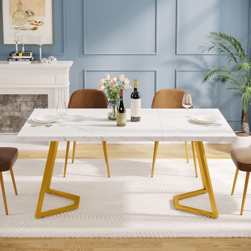 Tribesigns Gold Dining Dinner Table: 55 Inches Modern White Dining Room Table with Golden Legs