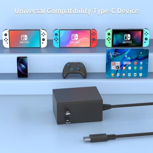 Nintendo Switch Charger, Fast 15V/2.6A AC Adapter – Compatible with Switch OLED & Lite, TV Mode Support, 5FT USB-C Cable, 2.5H Rapid Charging