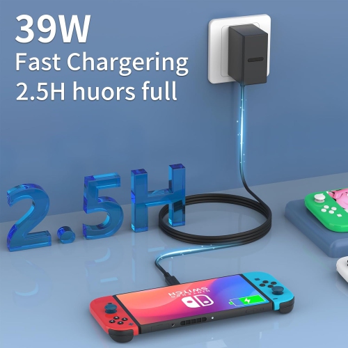 Nintendo Switch Charger, Fast 15V/2.6A AC Adapter – Compatible with Switch OLED & Lite, TV Mode Support, 5FT USB-C Cable, 2.5H Rapid Charging