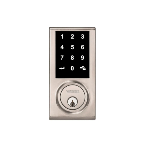 Image 1 de 5.. Nouveau - Serrure de porte sans clé Weiser Elements, nickel satiné, pêne dormant électronique avec écran tactile