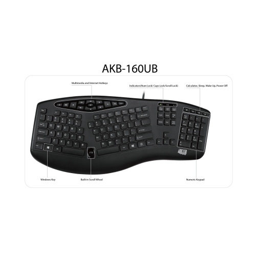 Adesso TruForm 160 Multimedia Ergonomic Keyboard with Scroll Wheel, Canadian French/English 104 Key Layout