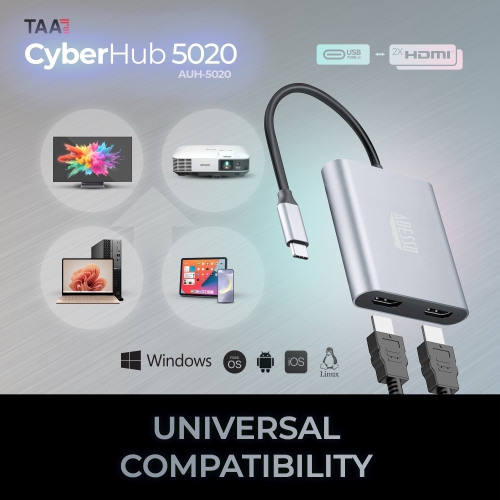 Adesso USB-C to Dual HDMI Adapter, 4K, 60Hz