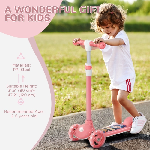 Qaba Kids Scooter, 3 Wheel Toddler Scooter with 3-level Adjustable Height, Rear-Fender Brake, LED Light, TPE Handlebar, for Boys and Girls Ages 2-6,