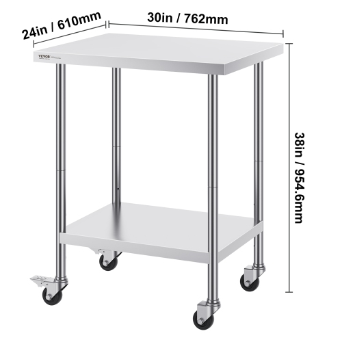 Table de travail en acier inoxydable VEVOR de 24 x 30 x 38&nbsp;po avec 4 roulettes, 3 hauteurs réglables, table de préparation des aliments robuste