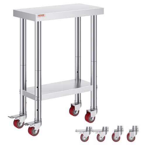 Table de travail en acier inoxydable VEVOR de 12 x 24 x 34&nbsp;po, capacité de charge de 700 LB et 4 roulettes, 3 hauteurs réglables, table de