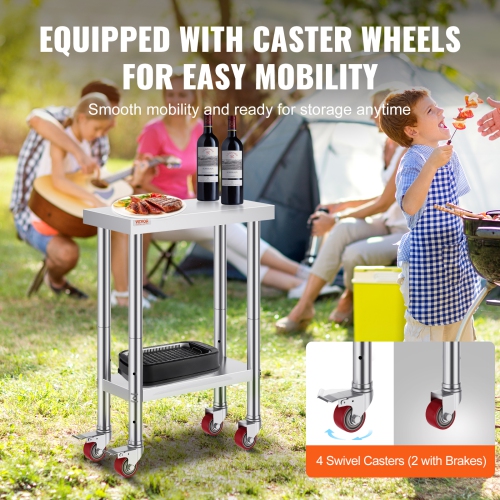 Table de travail en acier inoxydable VEVOR de 12 x 24 x 34&nbsp;po, capacité de charge de 700 LB et 4 roulettes, 3 hauteurs réglables, table de