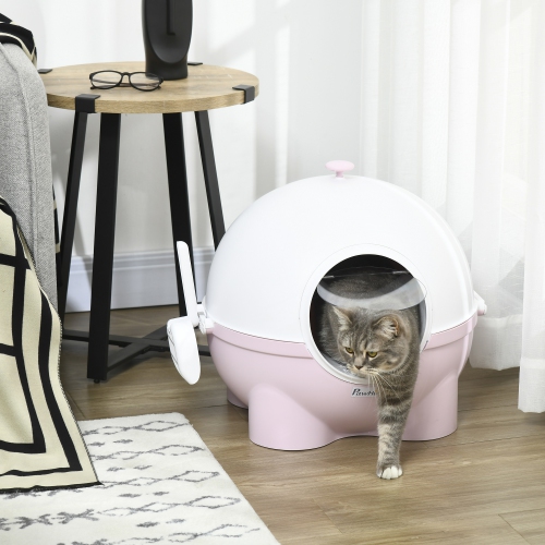 PawHut Cat Litter Box with Lid, Enclosed Kitty Litter Box with Scoop, Leaking Sand Pedal, Top Handle, Pink