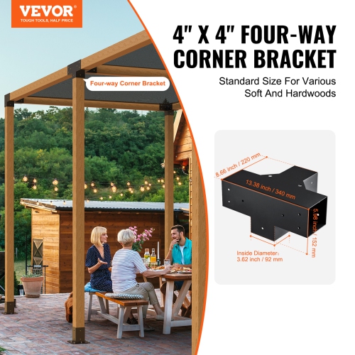 VEVOR 4"x 4"Pergola Bracket Kit(Inner Size 3.6x3.6), 2pcs 4-Way Heavy Duty Corner Bracket Woodworks DIY Post Base Kit, Easy Installation Wooden Beams