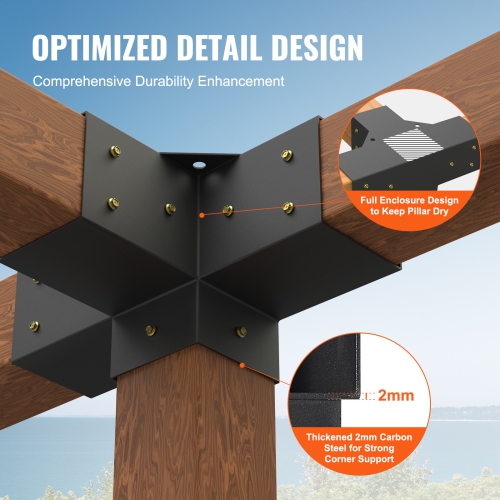 VEVOR 4"x 4"Pergola Bracket Kit(Inner Size 3.6x3.6), 2pcs 4-Way Heavy Duty Corner Bracket Woodworks DIY Post Base Kit, Easy Installation Wooden Beams