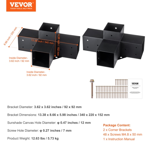 VEVOR 4"x 4"Pergola Bracket Kit(Inner Size 3.6x3.6), 2pcs 4-Way Heavy Duty Corner Bracket Woodworks DIY Post Base Kit, Easy Installation Wooden Beams