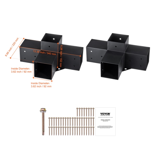 VEVOR 4"x 4"Pergola Bracket Kit(Inner Size 3.6x3.6), 2pcs 4-Way Heavy Duty Corner Bracket Woodworks DIY Post Base Kit, Easy Installation Wooden Beams