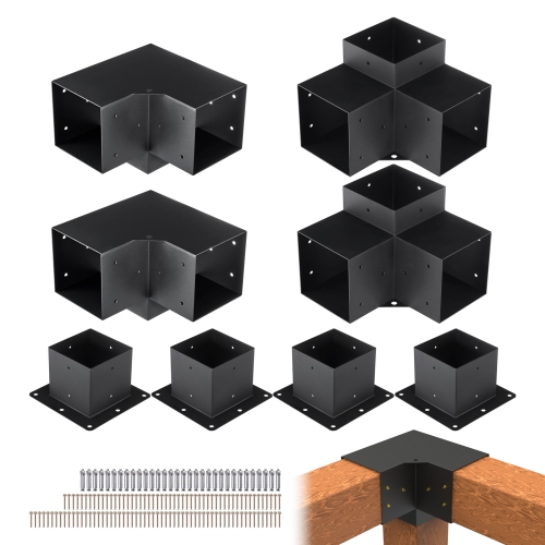 Image 1 de 9.. VEVOR 6"x6"Pergola Bracket Kit(Inner Size 5.6x5.6), 8pcs 3-Way Heavy Duty Corner Bracket Woodworks DIY Post Base Kit, Easy Installation Wooden Beams