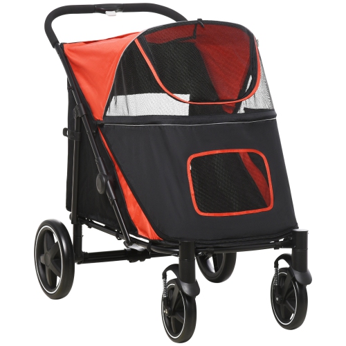 PawHut Pet Stroller, One-Click Foldable Dog Stroller with Universal Front Wheels, Shock Absorber, Dog Cat Carriage with Brakes, Safety Leash for