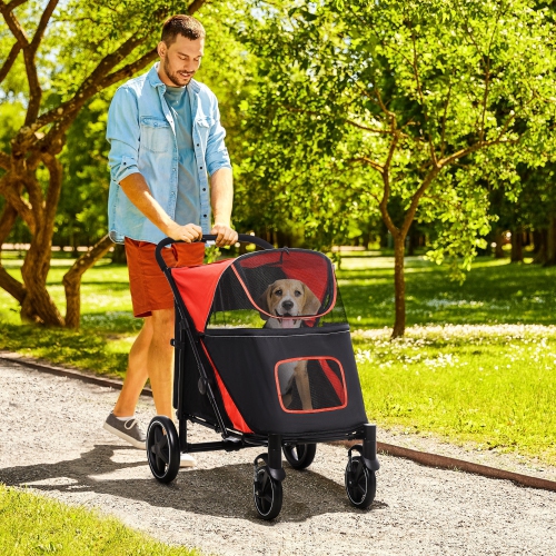 PawHut Pet Stroller, One-Click Foldable Dog Stroller with Universal Front Wheels, Shock Absorber, Dog Cat Carriage with Brakes, Safety Leash for