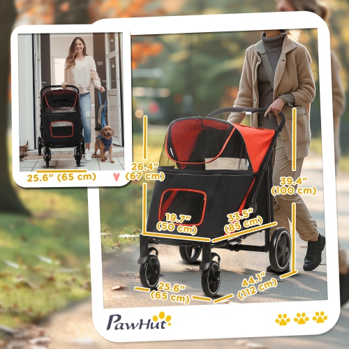 PawHut Pet Stroller, One-Click Foldable Dog Stroller with Universal Front Wheels, Shock Absorber, Dog Cat Carriage with Brakes, Safety Leash for