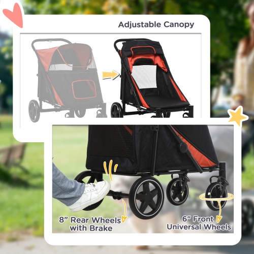 PawHut Pet Stroller, One-Click Foldable Dog Stroller with Universal Front Wheels, Shock Absorber, Dog Cat Carriage with Brakes, Safety Leash for