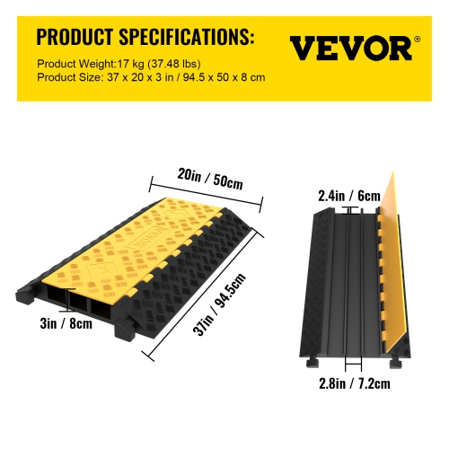 Protecteur de câble en caoutchouc VEVOR à 3 canaux, 2 rampe de protection durable de 2,3 cordon pour les entrées de garage, capacité 6600&nbsp;lb