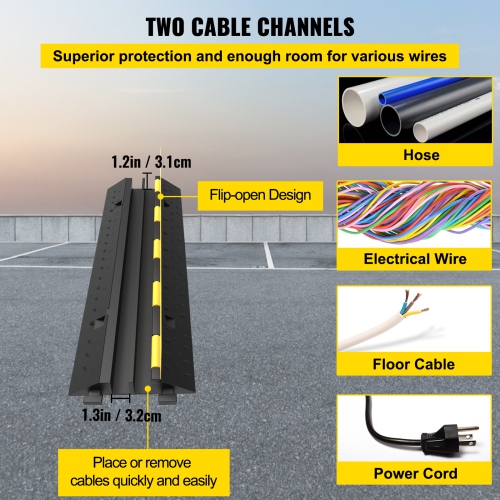 VEVOR 3 Pack of 2 Channel Rubber Cable Protectors, 11000lbs per Axle Capacity Protective Wire CordRamp Driveway, Rubber Traffic Speed Bumps, Cable