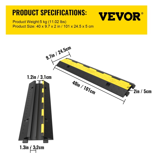 VEVOR 3 Pack of 2 Channel Rubber Cable Protectors, 11000lbs per Axle Capacity Protective Wire CordRamp Driveway, Rubber Traffic Speed Bumps, Cable