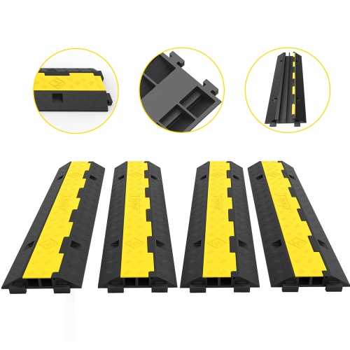 VEVOR 4 Packs 2 Channels Cable Protector Ramp, Rubber Modular Speed Bump Hump, Rated 11000 LBS Load Capacity, Protective Wire Cord Ramp Driveway Rubb