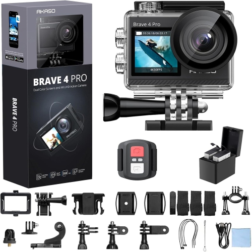 Caméra d'action 4K Brave 4 Pro d'AKASO – étanche 131&nbsp;pi, 20&nbsp;Mpx, EIS, écran tactile, zoom 5X, À distance