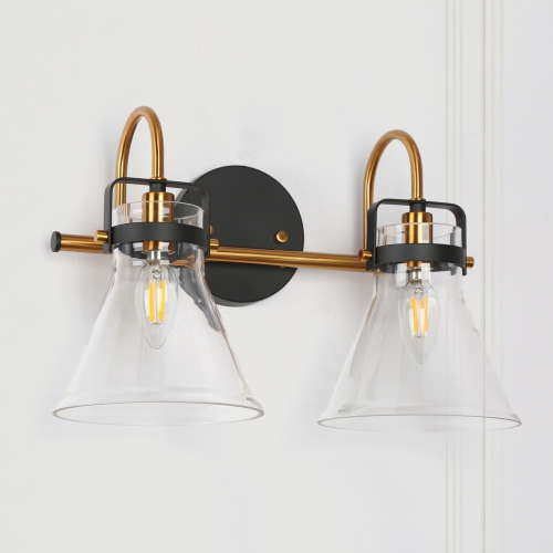 Uolfin 15.3-in 2 -Light Matte Black and Brass Gold with Clear Bell Glass Shade Modern/contemporary Bathroom Vanity Light Wall Sconce