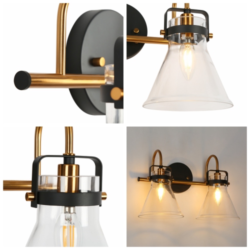 Uolfin 15.3-in 2 -Light Matte Black and Brass Gold with Clear Bell Glass Shade Modern/contemporary Bathroom Vanity Light Wall Sconce