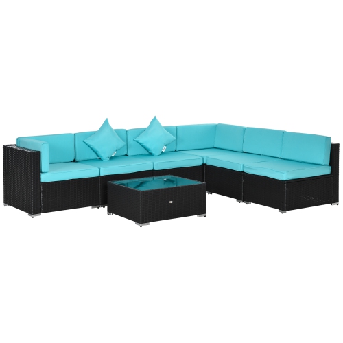 Outsunny 7 Piece Patio Furniture Set, PE Rattan Outdoor Conversation Set with Sectional Sofa, Glass Tabletop, Cushions and Pillows for Garden, Lawn,
